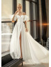 Sexy Ivory Organza Slit Wedding Dress With Detachable Sleeves